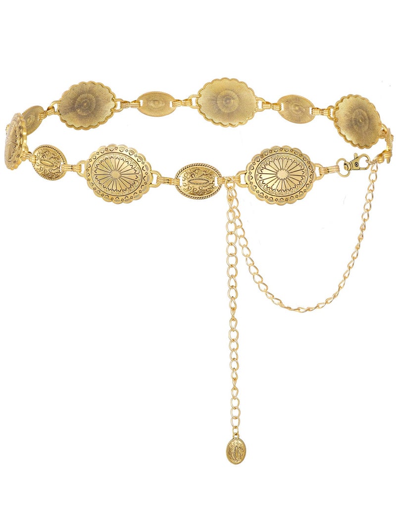 FIORETTO Concho Chain Belt for Women, Metal Western Cowboy Cowgirl Waist Chain with Oval Conchos, Boho Country Style Belt for Dress & Jeans, Gold, Length 49inch - Image 1