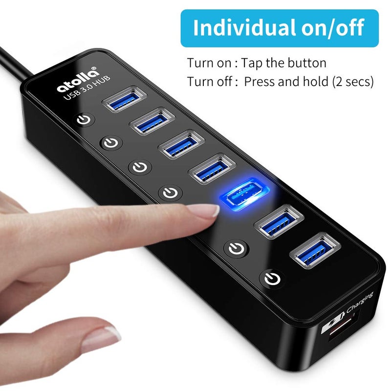 atolla Powered USB Hub 3.0, Atolla 7-Port USB Data Hub Splitter with One Smart Charging Port and Individual On/Off Switches and 5V/4A Power Adapter USB Extension for MacBook, Mac Pro/Mini and More. - Image 3