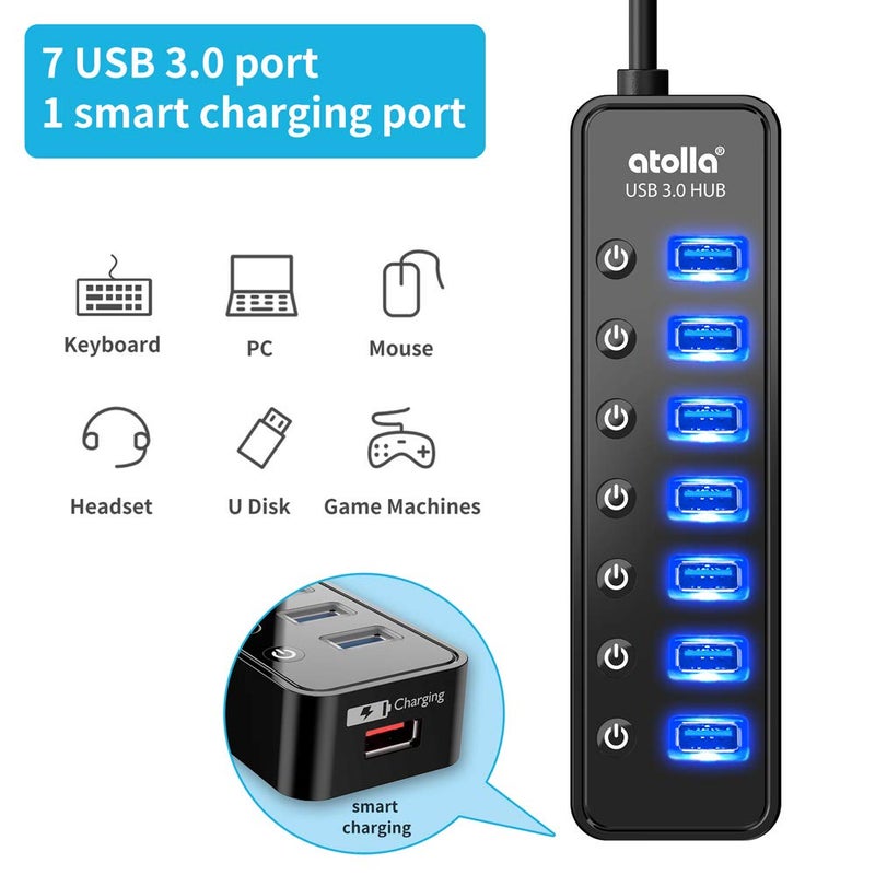 atolla Powered USB Hub 3.0, Atolla 7-Port USB Data Hub Splitter with One Smart Charging Port and Individual On/Off Switches and 5V/4A Power Adapter USB Extension for MacBook, Mac Pro/Mini and More. - Image 2