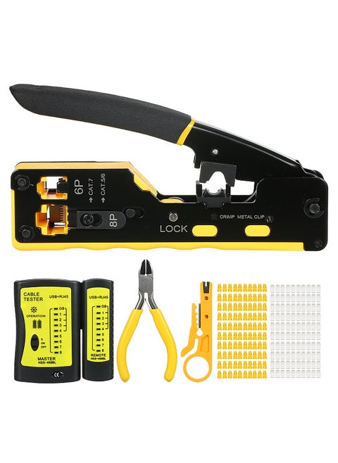 RJ45 Crimp Tool Kit All in One Pass Through Crimping Tool for Cat5e Cat6 Cat6a Pass Through Connector with 100Pcs Connectors 100Pcs Covers Network Cable Pliers Tester Blades