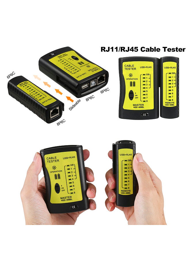 RJ45 Crimp Tool Kit All in One Pass Through Crimping Tool for Cat5e Cat6 Cat6a Pass Through Connector with 100Pcs Connectors 100Pcs Covers Network Cable Pliers Tester Blades