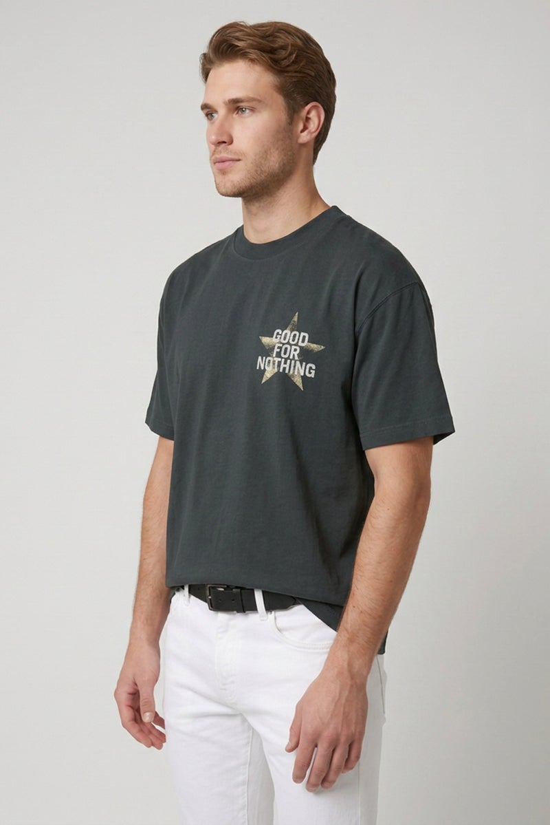 GOOD FOR NOTHING Men Crew Neck Short Sleeve Graphic Print T-Shirt, Dark Green - Image 3