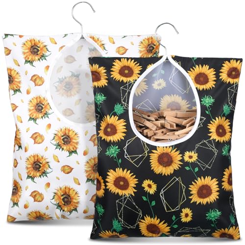Woanger 2 Pcs Clothes Pin Bag Clothespin Holder 15 x 11 in to Hang on Line Clothes Pin Hanging Bag for Clothesline Outdoor Storage Organizer Basket with Large Opening(Sunflower Style) - Image 1
