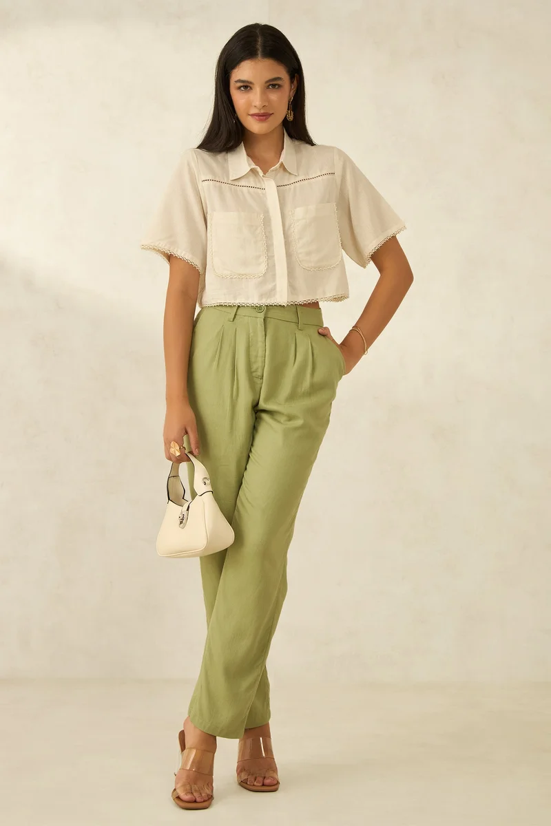 Virgio Solid Linen Straight Fit Pleated Trousers for Women