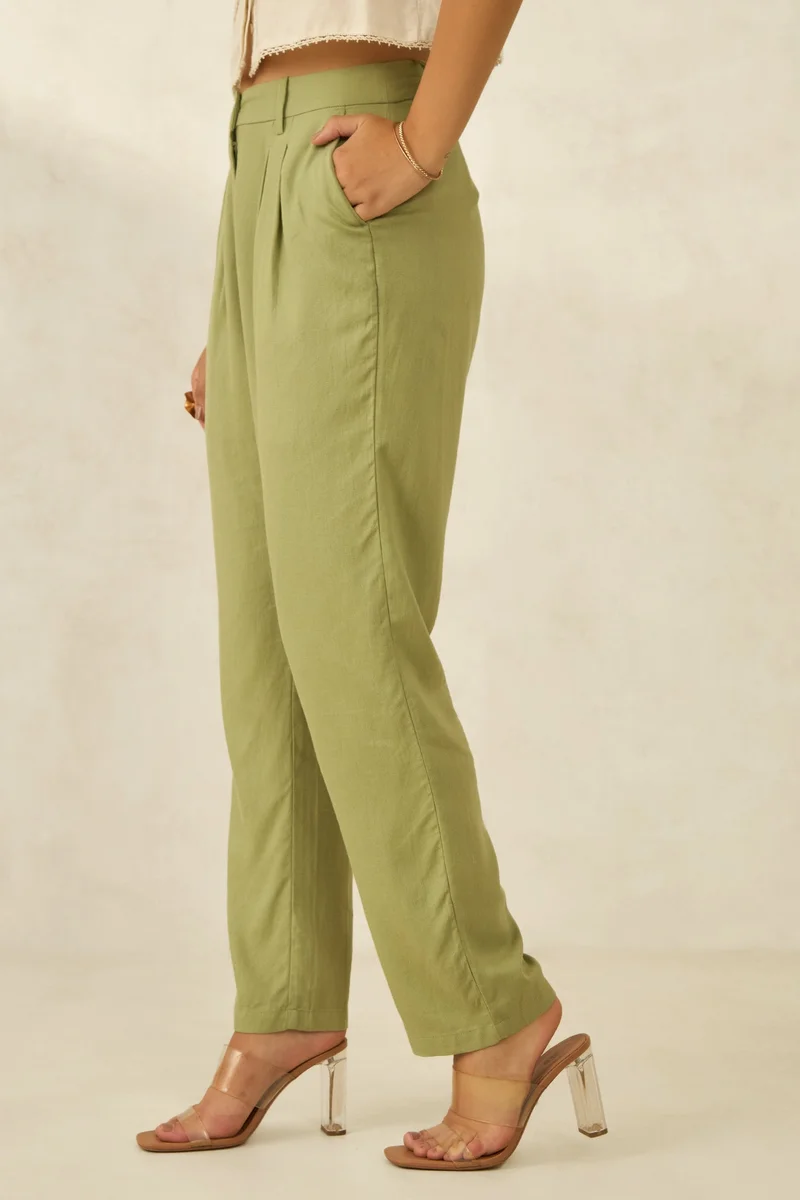 Virgio Olive Solid Linen Straight Fit Pleated Trousers for Women for Women | Best Price UAE