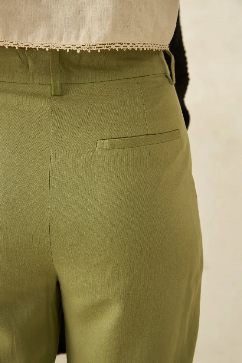 Virgio Olive Solid Linen Straight Fit Pleated Trousers for Women for Women | Best Price UAE