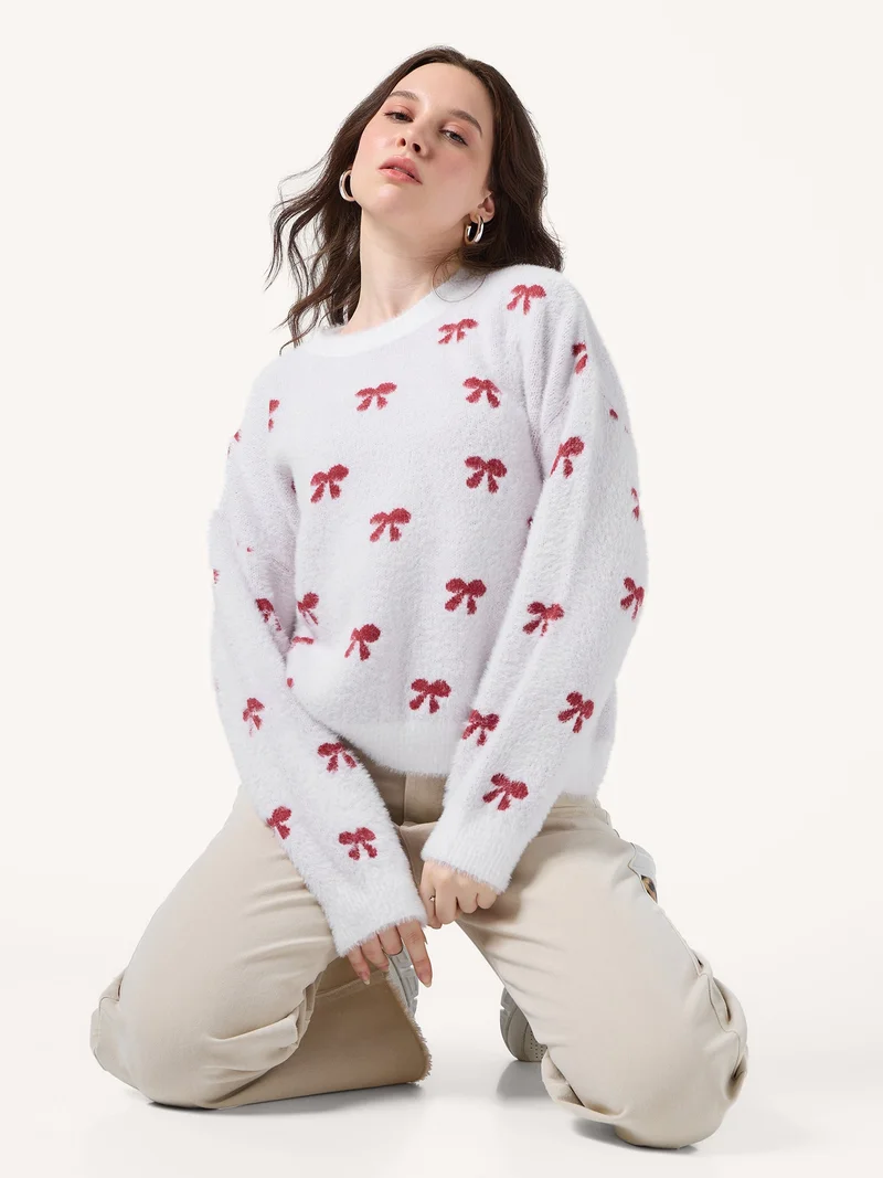 OUTZIDR White Fuzzy Bows Cardigan