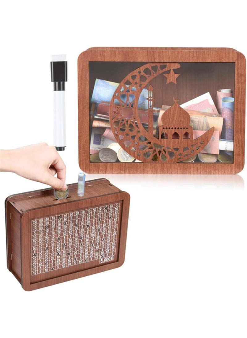 Zikra صندوق نقود مع عداد، صندوق نقود خشبي قابل لإعادة الاستخدام، بنك نقود بتصميم قديم مع أهداف توفير 500 1000 2000 3000 5000 10000، بنك نقود خشبي للأطفال والبالغين لإنشاء صندوق طوارئ - Image 1