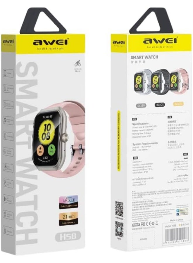 Awei H58 Smart Watch 2.1 inches AMOLED IP67 Waterproof Bluetooth Calls Fitness Bracelet Compatible with Android iOS - Gold - Image 2