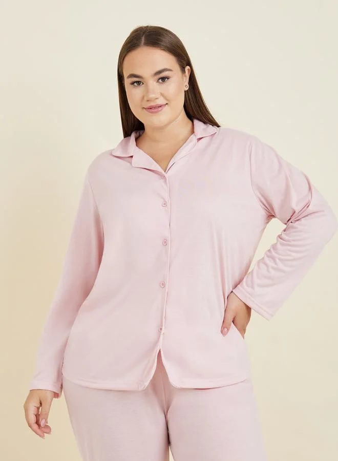 ستايلي Plus Long Sleeves Jersey Button Through Shirt & Pyjama Set