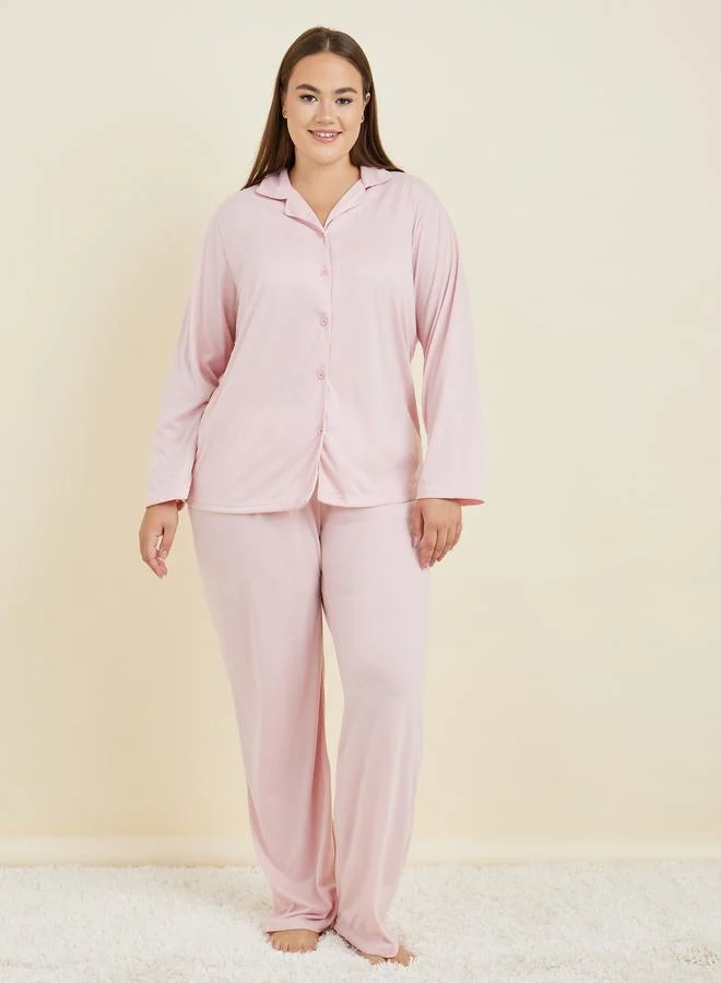 ستايلي Plus Long Sleeves Jersey Button Through Shirt & Pyjama Set