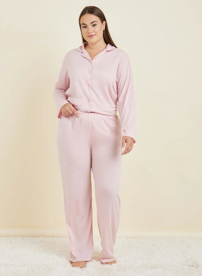 ستايلي Plus Long Sleeves Jersey Button Through Shirt & Pyjama Set