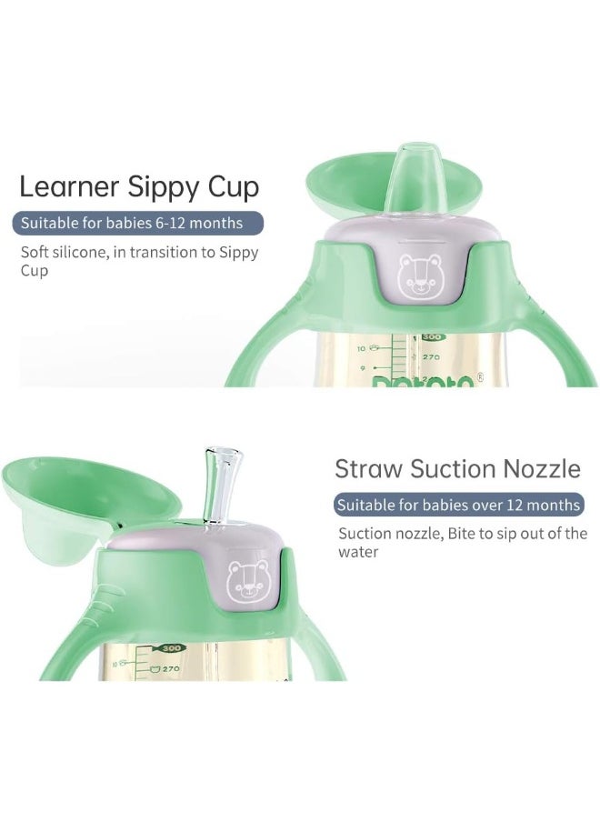 POTATO Sippy Cups For Toddlers with Straw Spill Proof, PPSU Learner Cup with Handle for Babies, Water Bottle for Baby 12 Months with 2 Type of Spout, 10 Ounce Green