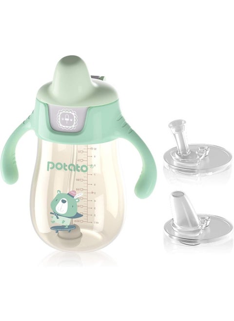 POTATO Sippy Cups For Toddlers with Straw Spill Proof, PPSU Learner Cup with Handle for Babies, Water Bottle for Baby 12 Months with 2 Type of Spout, 10 Ounce Green