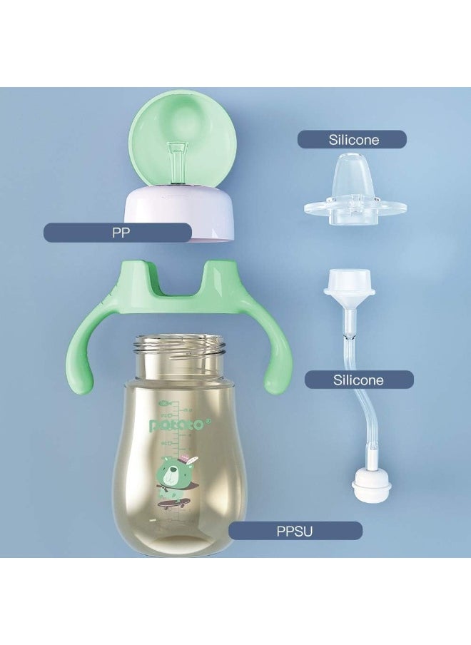 POTATO Sippy Cups For Toddlers with Straw Spill Proof, PPSU Learner Cup with Handle for Babies, Water Bottle for Baby 12 Months with 2 Type of Spout, 10 Ounce Green