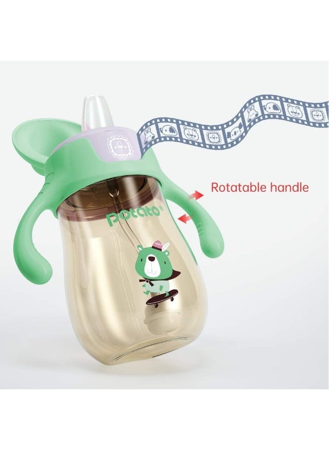 POTATO Sippy Cups For Toddlers with Straw Spill Proof, PPSU Learner Cup with Handle for Babies, Water Bottle for Baby 12 Months with 2 Type of Spout, 10 Ounce Green