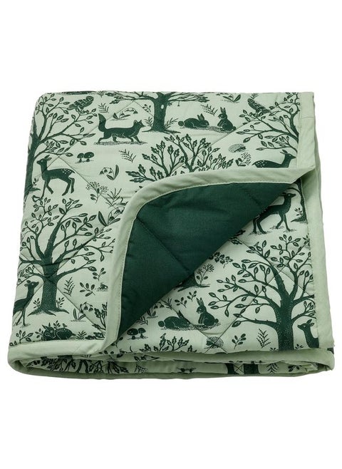Quilted blanket, forest animal pattern/green, 96x96 cm