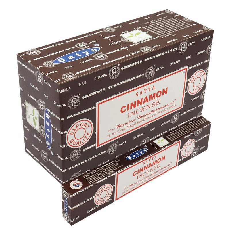 Satya Cinnamon Incense Sticks Agarbatti 180 Grams Box with Free Wooden Incense/agarbatti Stand with Brass Work | 12 Packs of 15 Grams Each in a Box | Export Quality - Image 1