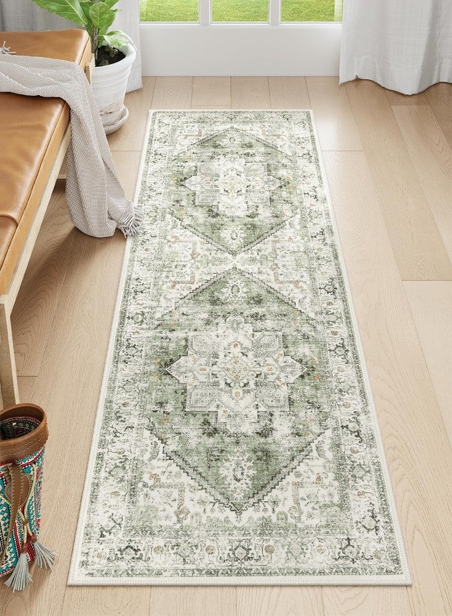 LIVEBOX Washable Runner 2x6 - Vintage Tribal Kitchen Rug, Long Entryway, Low-Pile for Bedroom, Non-Skid Soft Carpet Throw for Bathroom Laundry Room Hallway Sage - Image 2