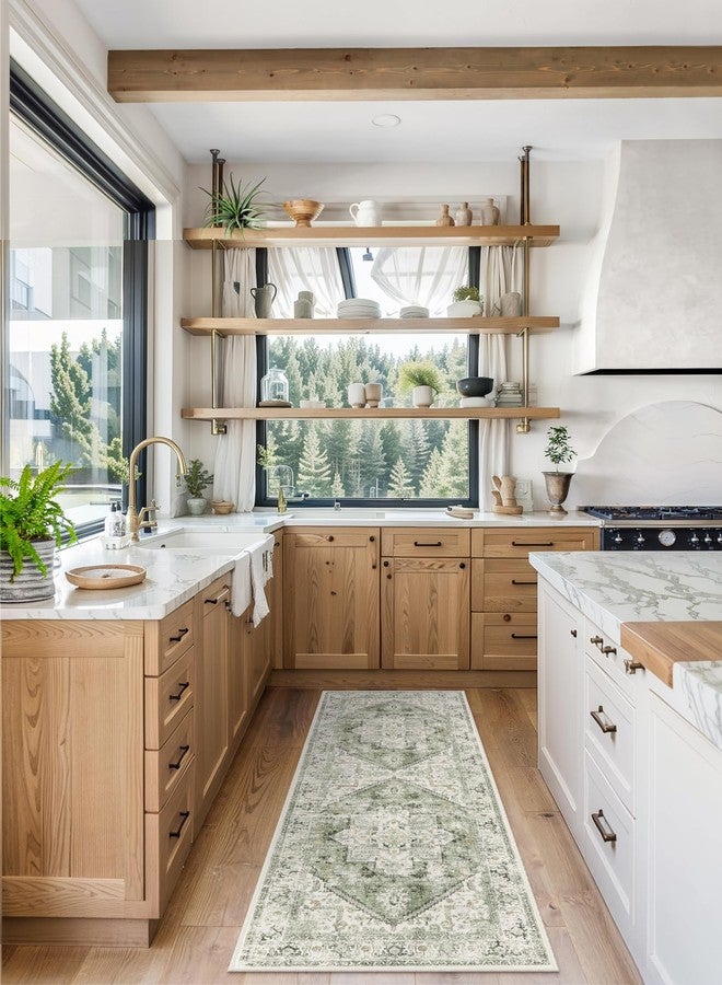 LIVEBOX Washable Runner 2x6 - Vintage Tribal Kitchen Rug, Long Entryway, Low-Pile for Bedroom, Non-Skid Soft Carpet Throw for Bathroom Laundry Room Hallway Sage - Image 3