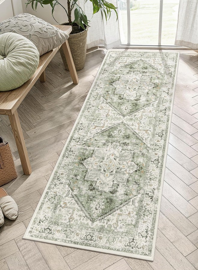 LIVEBOX Washable Runner 2x6 - Vintage Tribal Kitchen Rug, Long Entryway, Low-Pile for Bedroom, Non-Skid Soft Carpet Throw for Bathroom Laundry Room Hallway Sage - Image 1