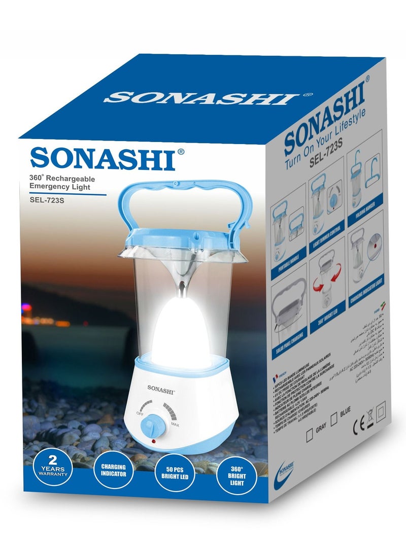 SONASHI - 360 Rechargeable Emergency Light with Solar Panel Function  Working Time 4 Hours  Buildin Battery with Charging Indicator  Portable Handle for Easy Carry  Durable Lights SEL-723S Blue - Image 1