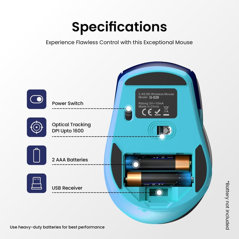 Portronics فأرة تواد 32 اللاسلكية مع 6 أزرار، اتصال 2.4 جيجاهرتز، نطاق عمل 10م، تصميم مريح، DPI بصري قابل للتعديل، توفير الطاقة التلقائي، للابتوب والكمبيوتر الشخصي (أزرق) - Image 5