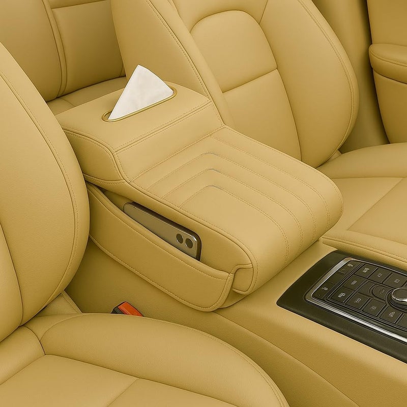 MUTURQ Car Armrest Cushion, Comfortable Car Armrest with Premium Leather Cushion and Tissue Box - Suitable for All Cars, Car Armrest Cushion for Interior Comfort and Luxury (Beige M-01) - Image 1