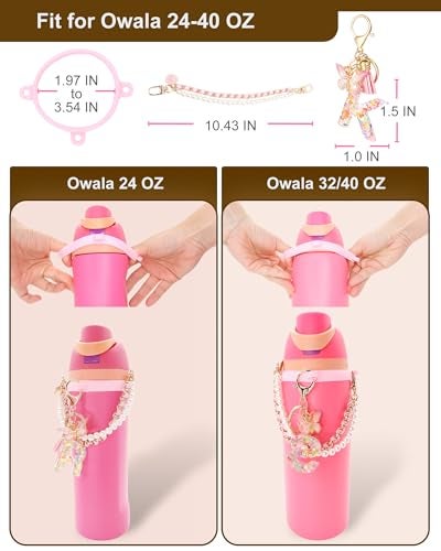 TOVICE Letter Charm Accessories for Owala Water Bottle 24-40oz, 3PC Cute Initial Charms & Water Bottle Handle Strap with a Thick Elastic Silicone Ring Holder (Pink, A) - Image 2
