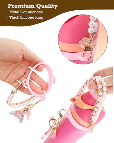 TOVICE Letter Charm Accessories for Owala Water Bottle 24-40oz, 3PC Cute Initial Charms & Water Bottle Handle Strap with a Thick Elastic Silicone Ring Holder (Pink, A) - Image 4