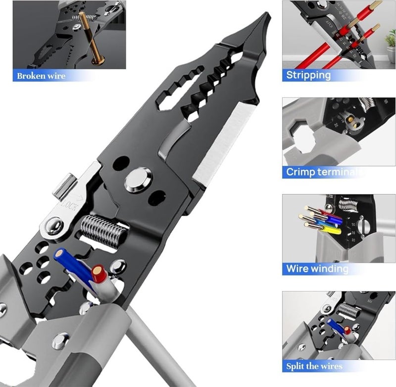 ASTEROID MultiFunction Wire Stripper Pliers Crimping Tool with SpringLoaded Handle Black and Silver - Image 5