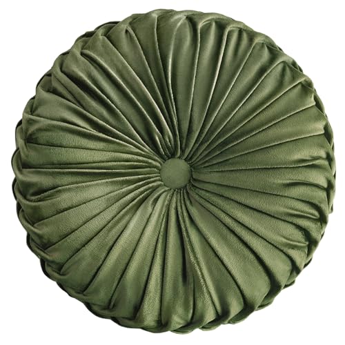 Teieas Round Throw Pillow Velvet Home Decoration Pleated Round Pillow Cushion for Couch Chair Bed Car Olive - Image 1