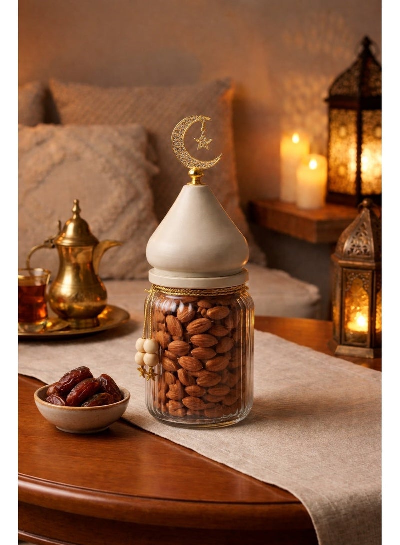 Tanseeq جرار زجاجية قبة مسجد بيج لتزيين وتخزين مائدة رمضان الأنيقة - هدية عيد مبارك الإسلامية لحاوية التمر مركز المطبخ منظم متعدد الاستخدامات 30 سم - Image 1