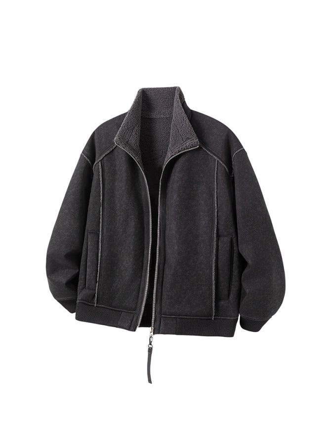 Men's Maillard Retro Stand Collar Cotton Jacket For Men And Women, Lamb Fur Integrated Stylish Cotton Coat