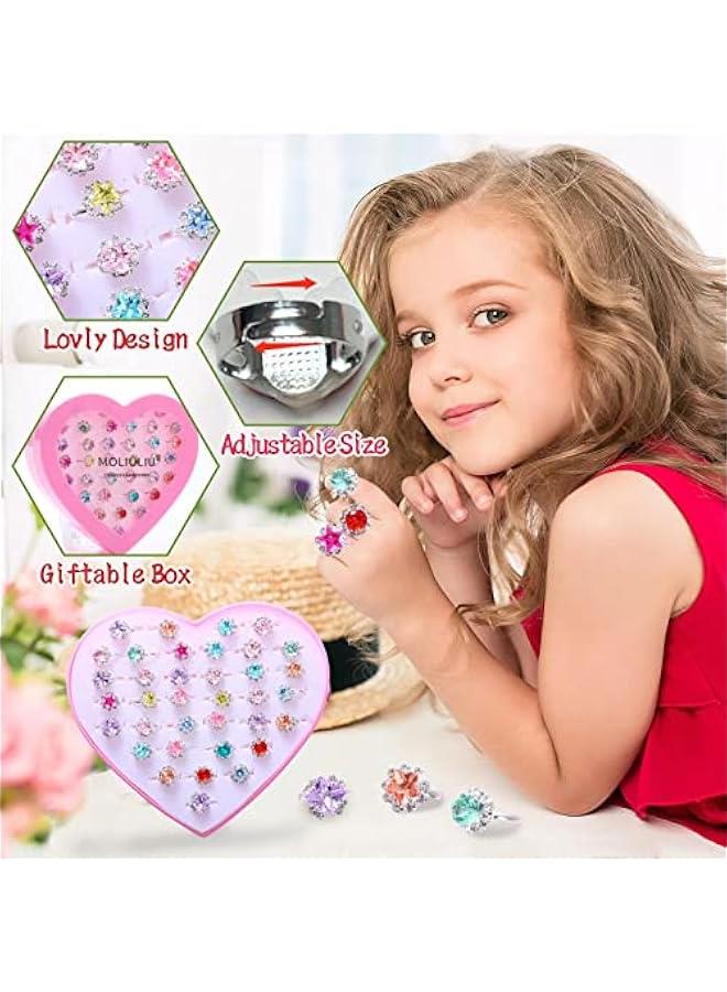 جيليز مجموعة خواتم مزنية باحجار الراين بتصميم احجار كريمة للبنات لعب بنمط طفولي وقابلة للتعديل وبالوان عشوائية للعب التظاهري واللباس ولهدايا عيد ميلاد بعمر 3-12 سنة من ميكنج تيك 36 قطعة للفتيات - Image 3