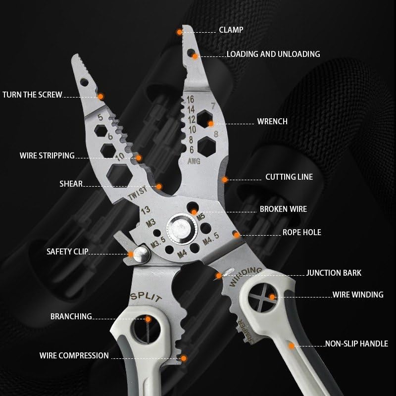 TERXA 12 In 1 Wire Stripping Tool Wire Cutter Multifunctional Hand Tool For Cable CrimperStripper Professional Electrician Pliers For CuttingShearingClamping Pack of 1Multicolor - Image 2