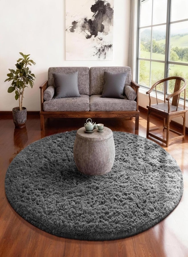 Ophanie Round Rug 5Ft Grey Circle Area Rugs, Fluffy Fuzzy Bedroom Carpet 5 Foot, Plush Shag Indoor Floor Gray Living Room Christmas Circular Aesthetic Decor for Kids Teen Boys Baby,Nursery, Classroom - Image 1