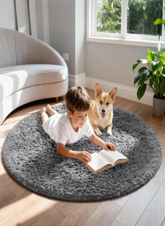 Ophanie Round Rug 5Ft Grey Circle Area Rugs, Fluffy Fuzzy Bedroom Carpet 5 Foot, Plush Shag Indoor Floor Gray Living Room Christmas Circular Aesthetic Decor for Kids Teen Boys Baby,Nursery, Classroom - Image 3