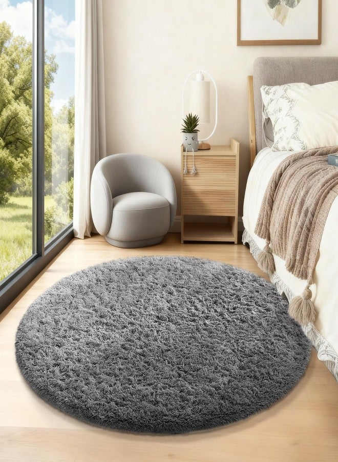 Ophanie Round Rug 5Ft Grey Circle Area Rugs, Fluffy Fuzzy Bedroom Carpet 5 Foot, Plush Shag Indoor Floor Gray Living Room Christmas Circular Aesthetic Decor for Kids Teen Boys Baby,Nursery, Classroom - Image 5