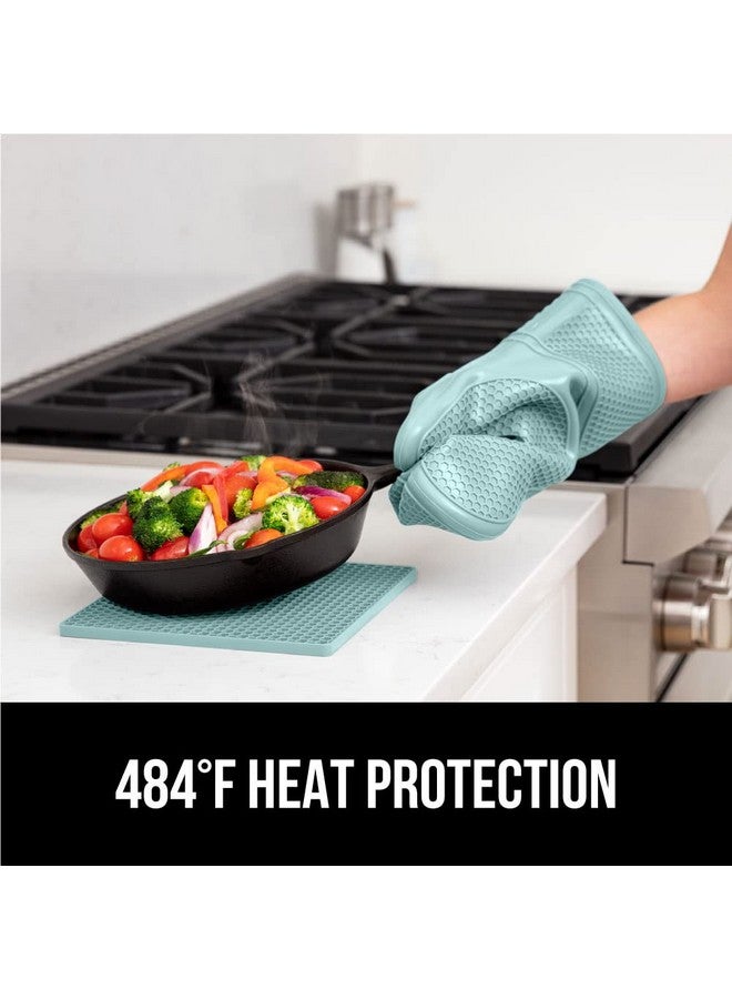 Gorilla Grip GORILLA GRIP BPA-Free Soft SIlicone Oven Mitts and Potholder Set of 4, Heat Resistant Hot Pads, Thick Cotton Lined Cooking Mitt, Long Gloves Protect Hands, Kitchen Waterproof Trivet Mats, 12.5 in Mint  - Image 4