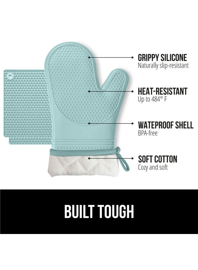 Gorilla Grip GORILLA GRIP BPA-Free Soft SIlicone Oven Mitts and Potholder Set of 4, Heat Resistant Hot Pads, Thick Cotton Lined Cooking Mitt, Long Gloves Protect Hands, Kitchen Waterproof Trivet Mats, 12.5 in Mint  - Image 2