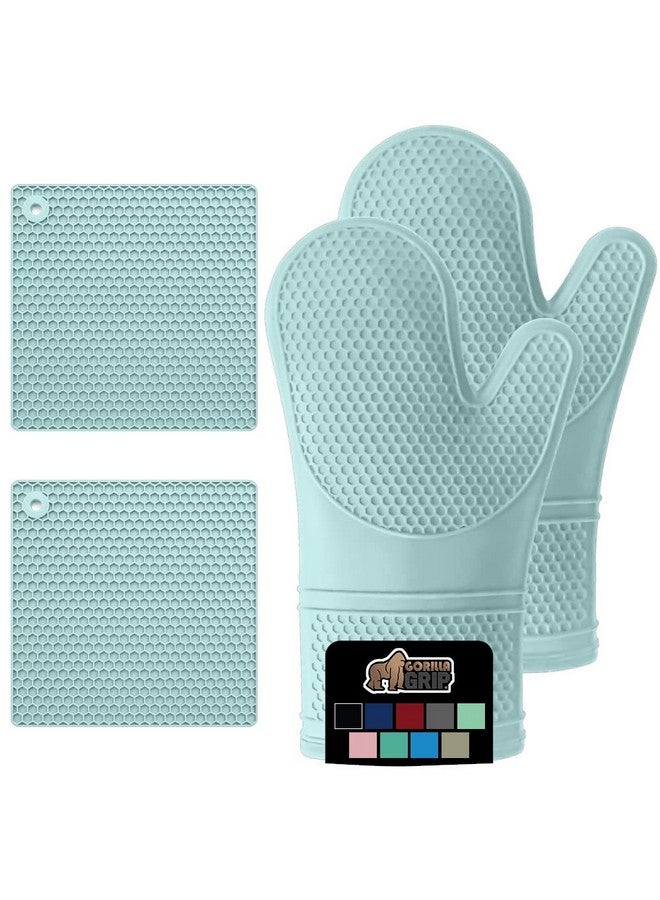 Gorilla Grip GORILLA GRIP BPA-Free Soft SIlicone Oven Mitts and Potholder Set of 4, Heat Resistant Hot Pads, Thick Cotton Lined Cooking Mitt, Long Gloves Protect Hands, Kitchen Waterproof Trivet Mats, 12.5 in Mint  - Image 1