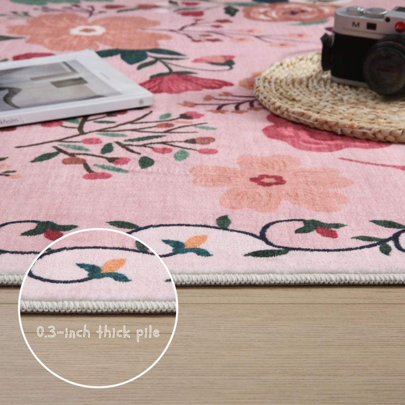Rugcomf Round Rug 4ft Washable Circle Rug Non Slip Low Pile Boho Floral Small Circular Rug for Bedroom, Bathroom, Entryway, Kids Room, Office, College Dorm(Pink) - Image 4
