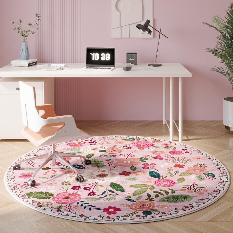 Rugcomf Round Rug 4ft Washable Circle Rug Non Slip Low Pile Boho Floral Small Circular Rug for Bedroom, Bathroom, Entryway, Kids Room, Office, College Dorm(Pink) - Image 5