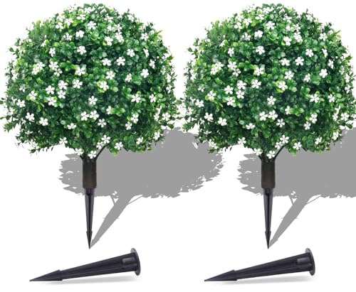PATIO CHOICE Topiary Trees Artificial Outdoor Boxwood Ball Trees with Ground Spike Set of 2 22" Fake Outdoor Plants Faux Bushes and Shrubs Decorations for Outdoor Indoor Front Porch Garden - Image 1