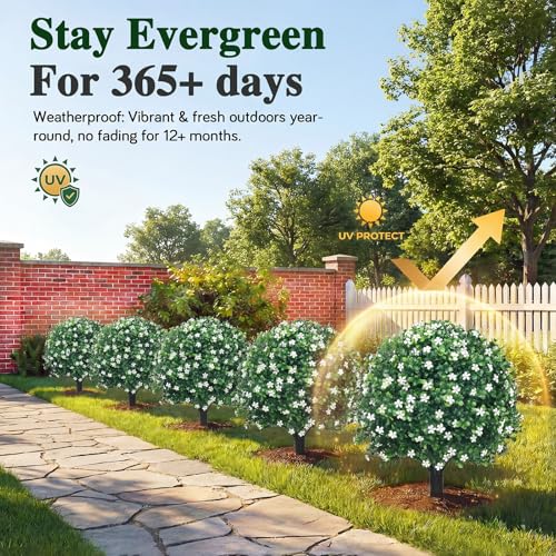PATIO CHOICE Topiary Trees Artificial Outdoor Boxwood Ball Trees with Ground Spike Set of 2 22" Fake Outdoor Plants Faux Bushes and Shrubs Decorations for Outdoor Indoor Front Porch Garden - Image 5