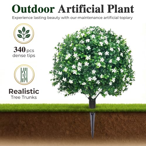 PATIO CHOICE Topiary Trees Artificial Outdoor Boxwood Ball Trees with Ground Spike Set of 2 22" Fake Outdoor Plants Faux Bushes and Shrubs Decorations for Outdoor Indoor Front Porch Garden - Image 2