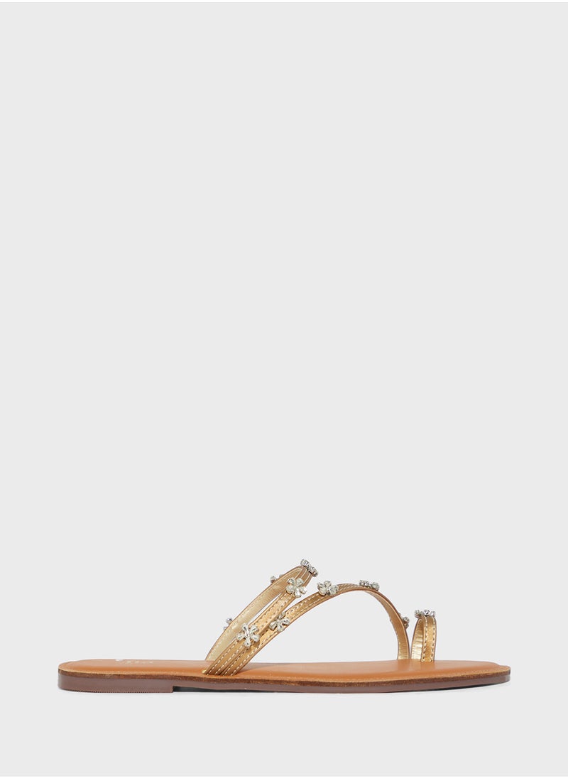 ELLA Toe Post Detail Flat Sandal With Floral Diamante  - Image 1