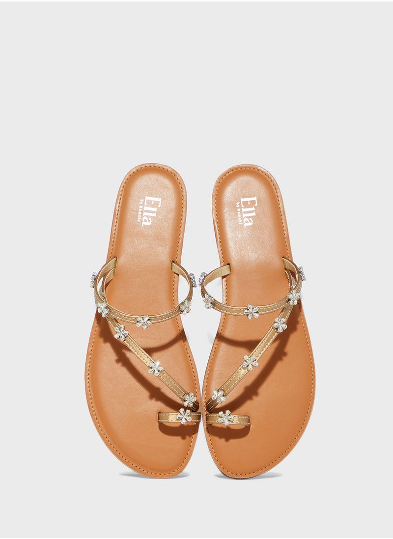 ELLA Toe Post Detail Flat Sandal With Floral Diamante  - Image 3