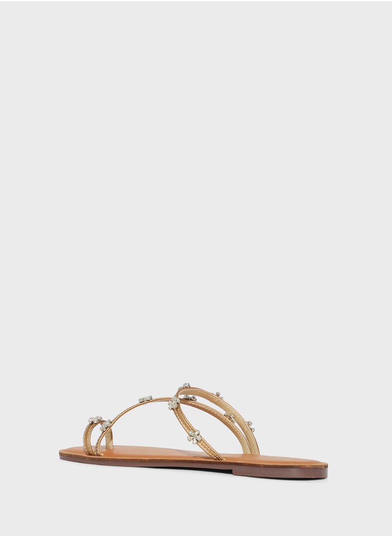 ELLA Toe Post Detail Flat Sandal With Floral Diamante  - Image 2